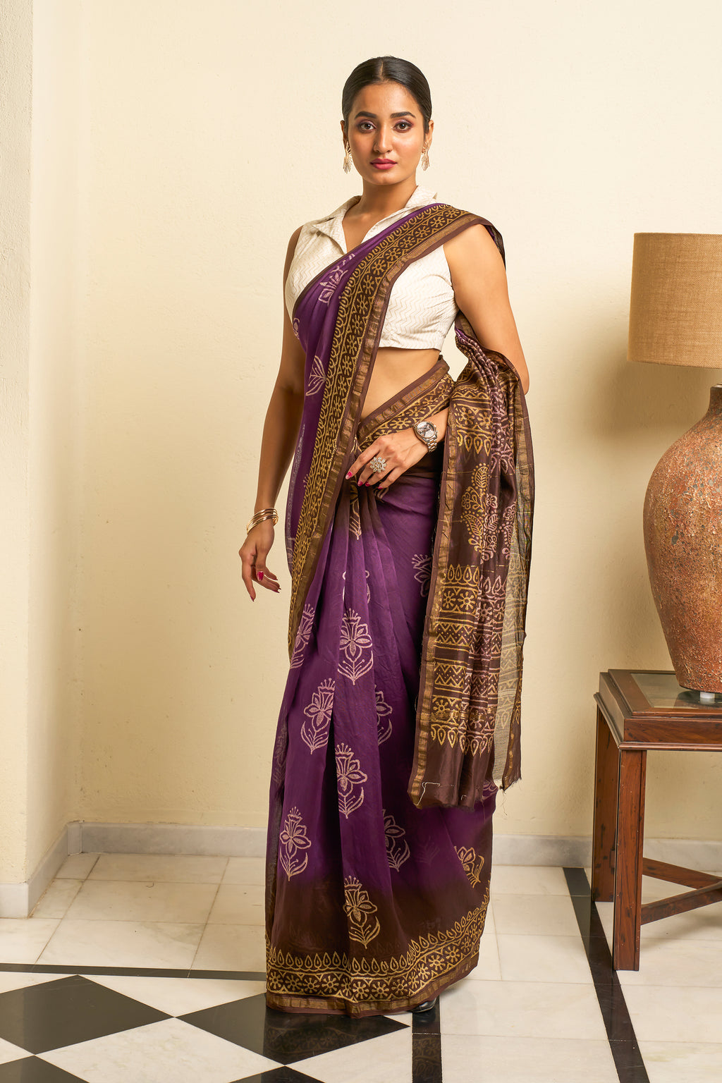 Deep Purple & Golden Yellow Chanderi Saree