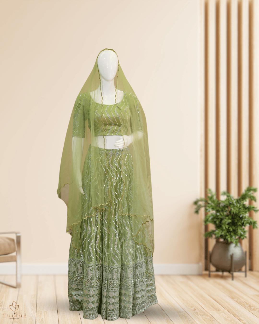 Olive Green Net Skirt & Padded Crop Top Set with Sequin Zig-Zag Work - Product Code 10300