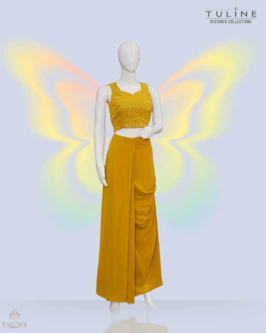 Chiffon Crop Top & Dhoti Skirt Set - Amber Yellow 10339