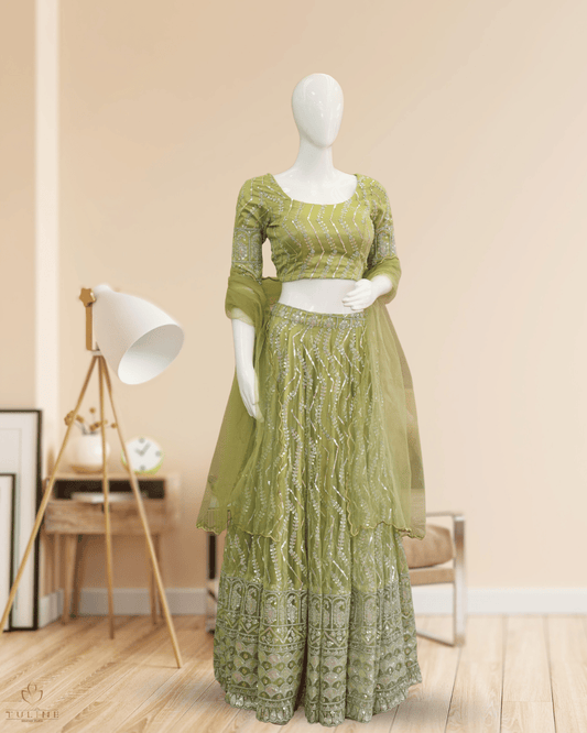 Olive Green Net Skirt & Padded Crop Top Set with Sequin Zig-Zag Work - Product Code 10300