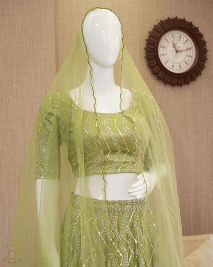 Olive Green Net Skirt & Padded Crop Top Set with Sequin Zig-Zag Work - Product Code 10300