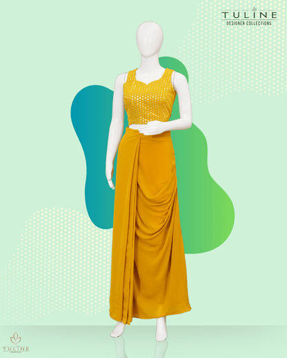 Chiffon Crop Top & Dhoti Skirt Set - Amber Yellow 10339