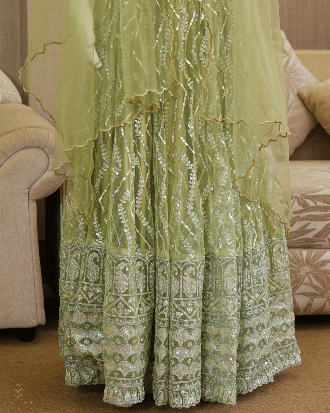 Olive Green Net Skirt & Padded Crop Top Set with Sequin Zig-Zag Work - Product Code 10300
