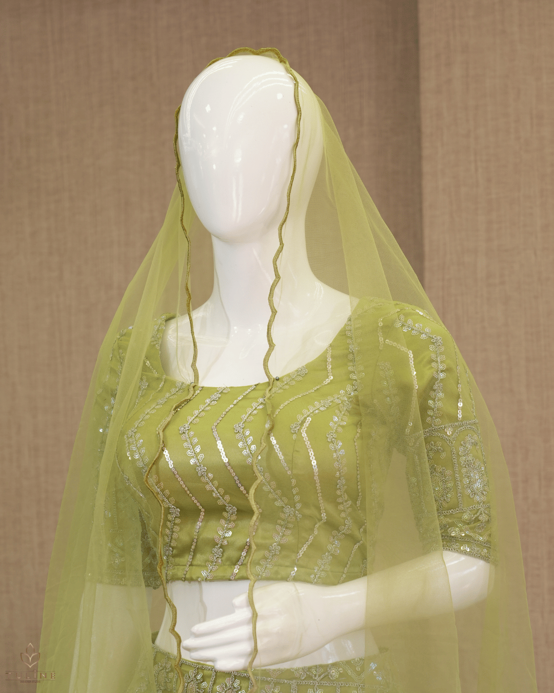 Olive Green Net Skirt & Padded Crop Top Set with Sequin Zig-Zag Work - Product Code 10300