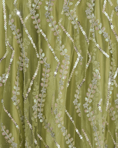 Olive Green Net Skirt & Padded Crop Top Set with Sequin Zig-Zag Work - Product Code 10300