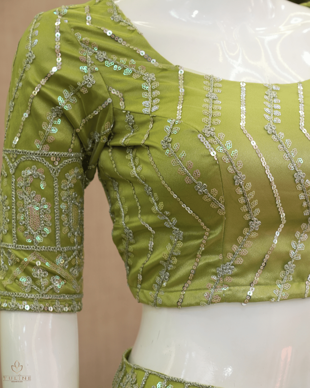 Olive Green Net Skirt & Padded Crop Top Set with Sequin Zig-Zag Work - Product Code 10300