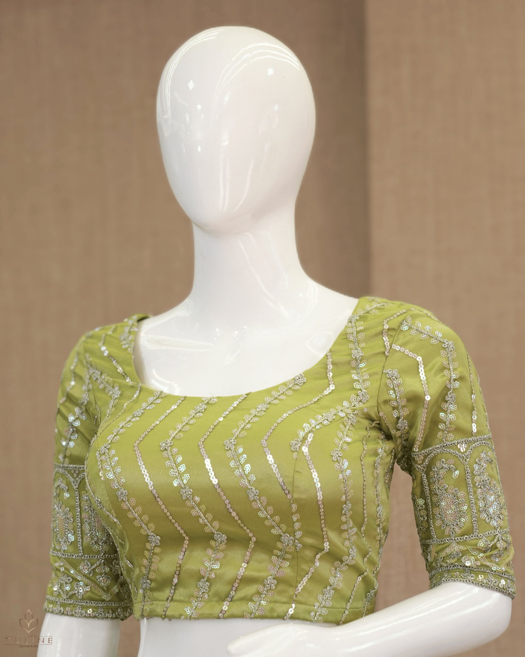 Olive Green Net Skirt & Padded Crop Top Set with Sequin Zig-Zag Work - Product Code 10300