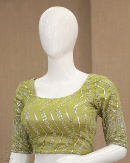 Olive Green Net Skirt & Padded Crop Top Set with Sequin Zig-Zag Work - Product Code 10300