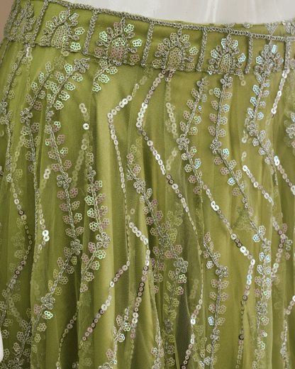 Olive Green Net Skirt & Padded Crop Top Set with Sequin Zig-Zag Work - Product Code 10300