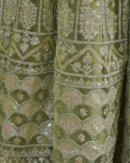 Olive Green Net Skirt & Padded Crop Top Set with Sequin Zig-Zag Work - Product Code 10300