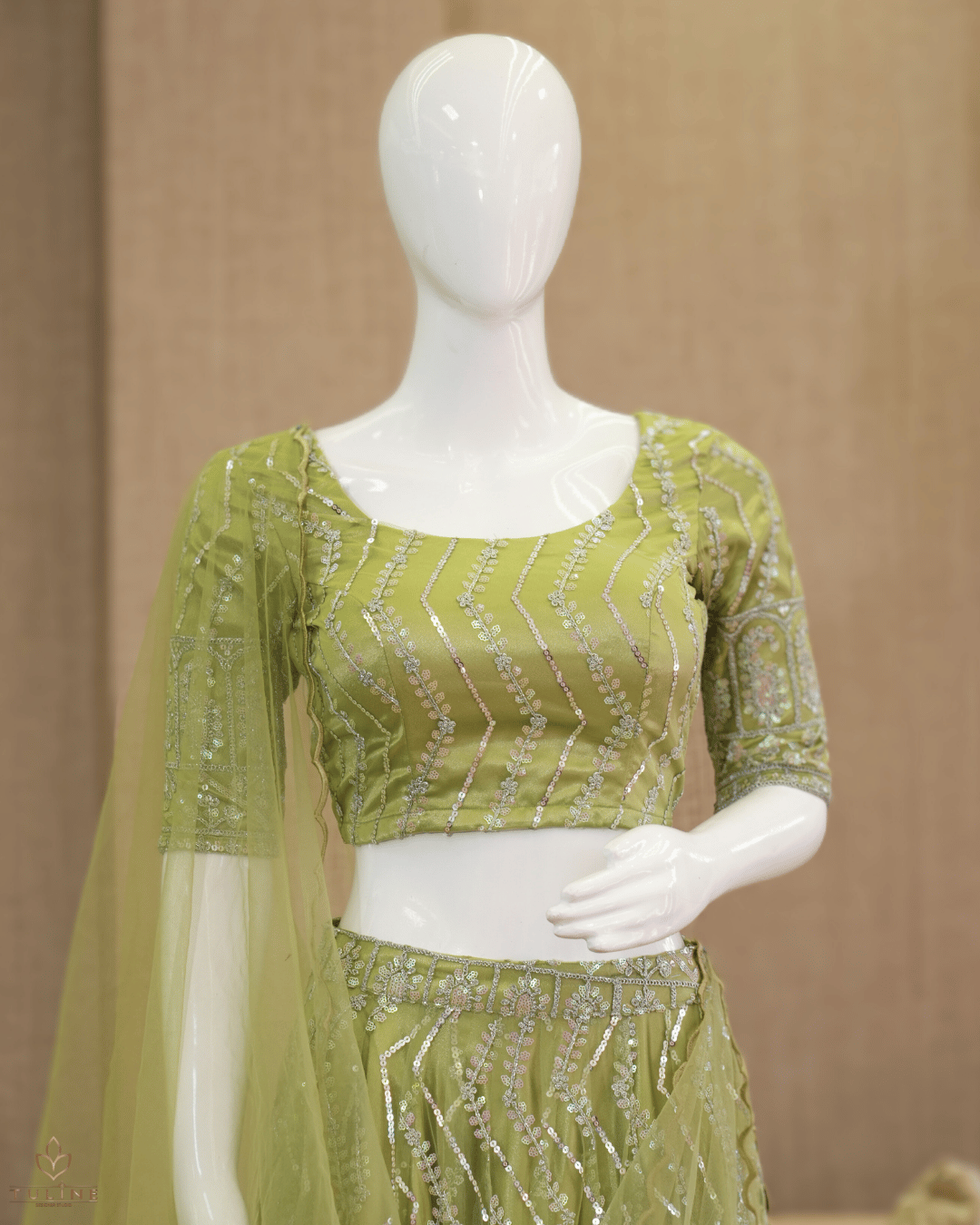 Olive Green Net Skirt & Padded Crop Top Set with Sequin Zig-Zag Work - Product Code 10300