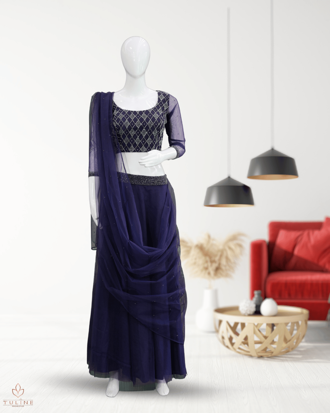 Sophisticated Navy Blue Net Crop Top Lehenga - Product Code 10298