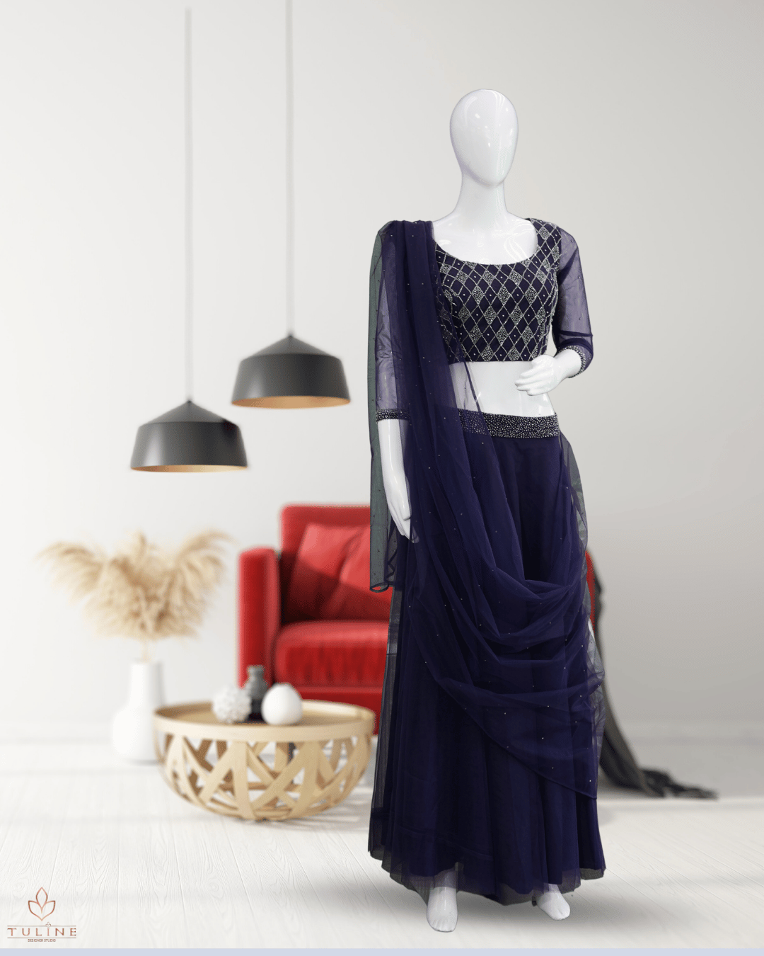 Sophisticated Navy Blue Net Crop Top Lehenga - Product Code 10298