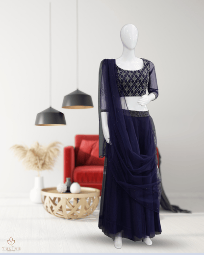 Sophisticated Navy Blue Net Crop Top Lehenga - Product Code 10298
