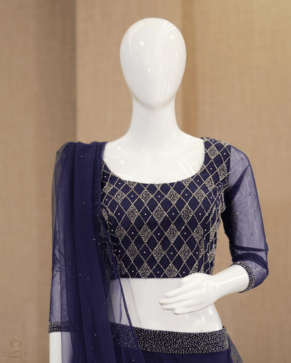 Sophisticated Navy Blue Net Crop Top Lehenga - Product Code 10298