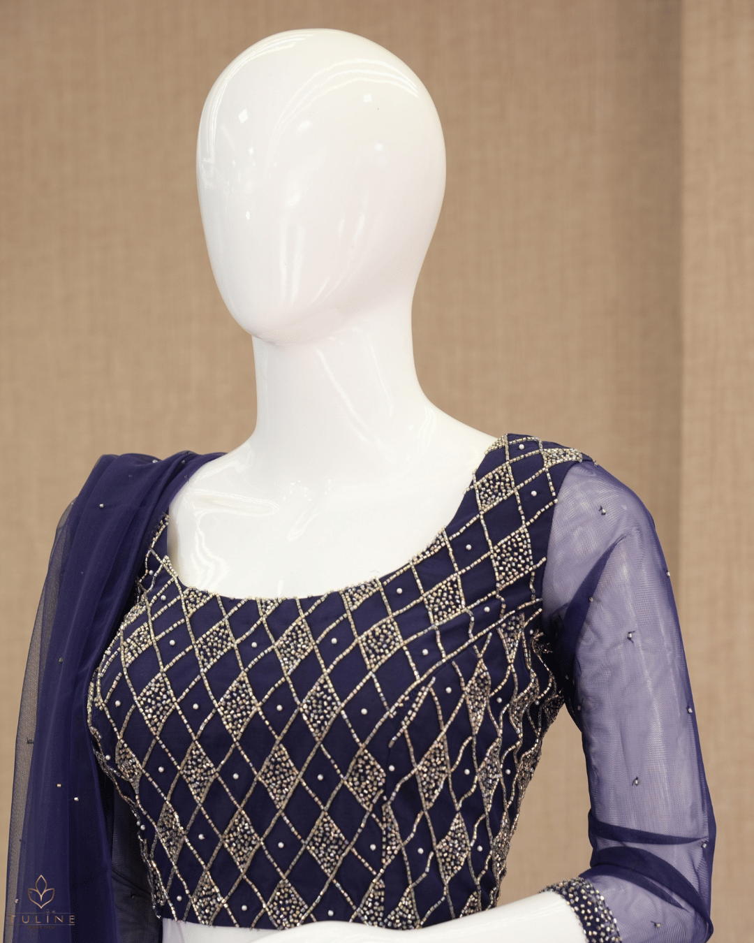 Sophisticated Navy Blue Net Crop Top Lehenga - Product Code 10298