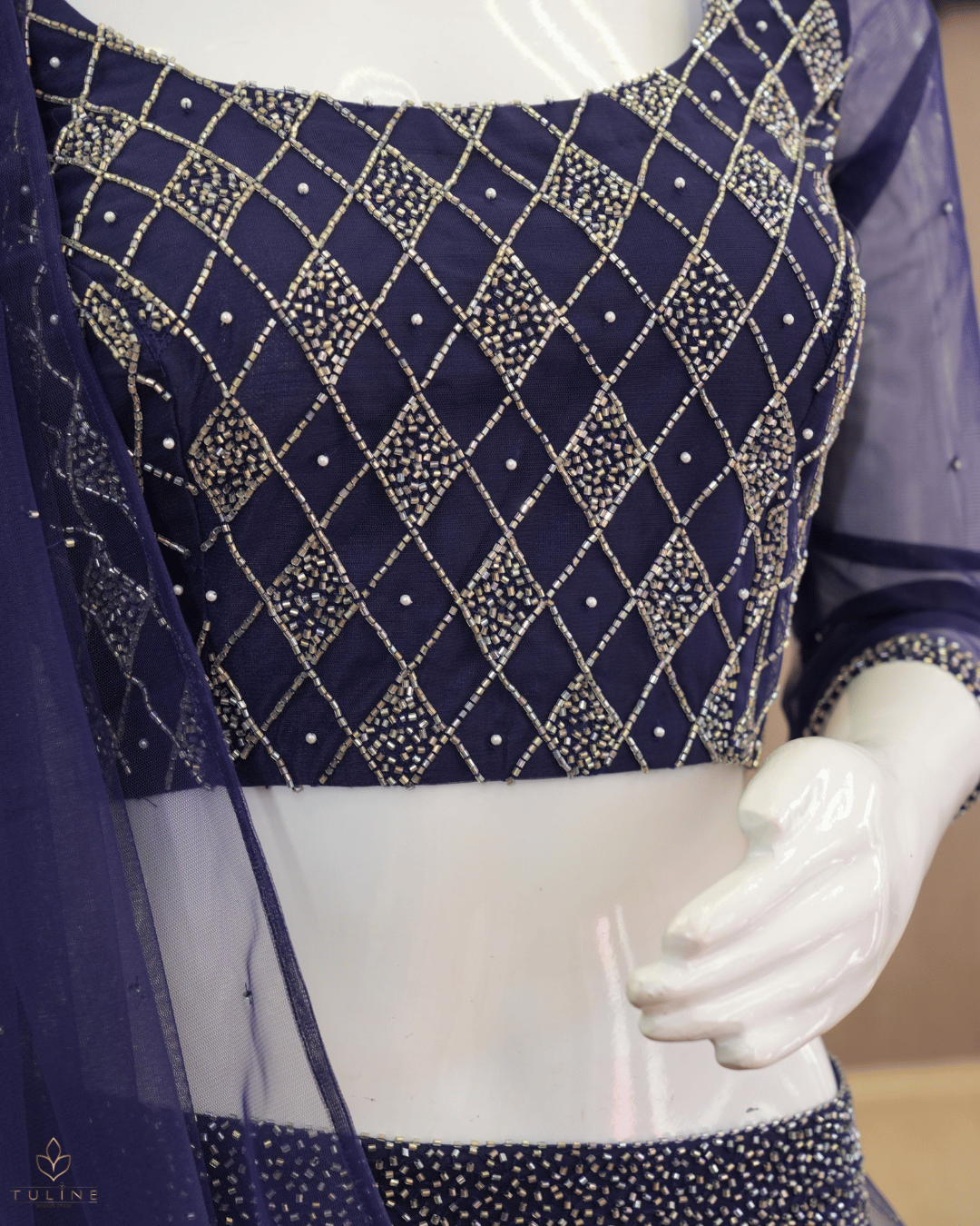 Sophisticated Navy Blue Net Crop Top Lehenga - Product Code 10298