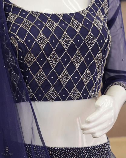 Sophisticated Navy Blue Net Crop Top Lehenga - Product Code 10298