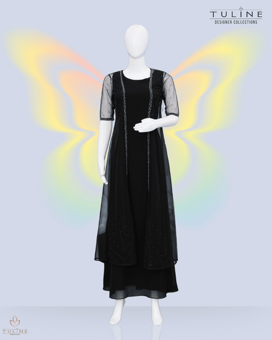 Elegant Black A-Line Gown with Hand-Worked Shrug - Product Code 10341