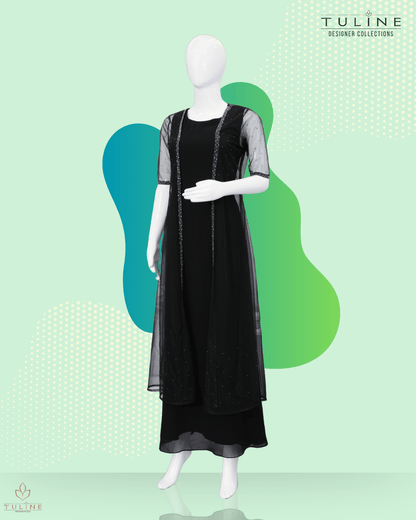 Elegant Black A-Line Gown with Hand-Worked Shrug - Product Code 10341