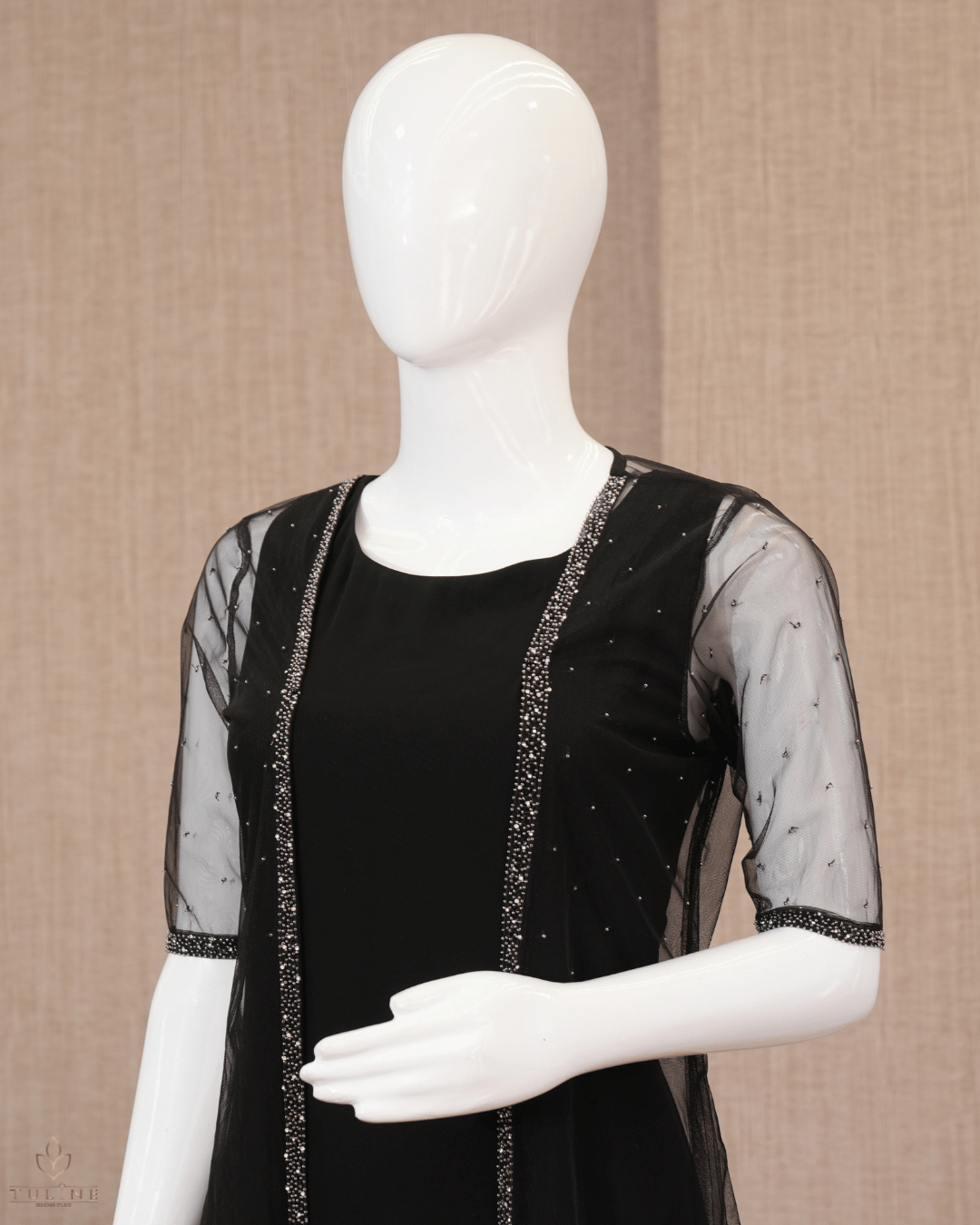 Elegant Black A-Line Gown with Hand-Worked Shrug - Product Code 10341