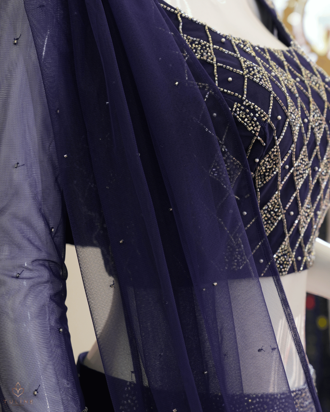 Sophisticated Navy Blue Net Crop Top Lehenga - Product Code 10298