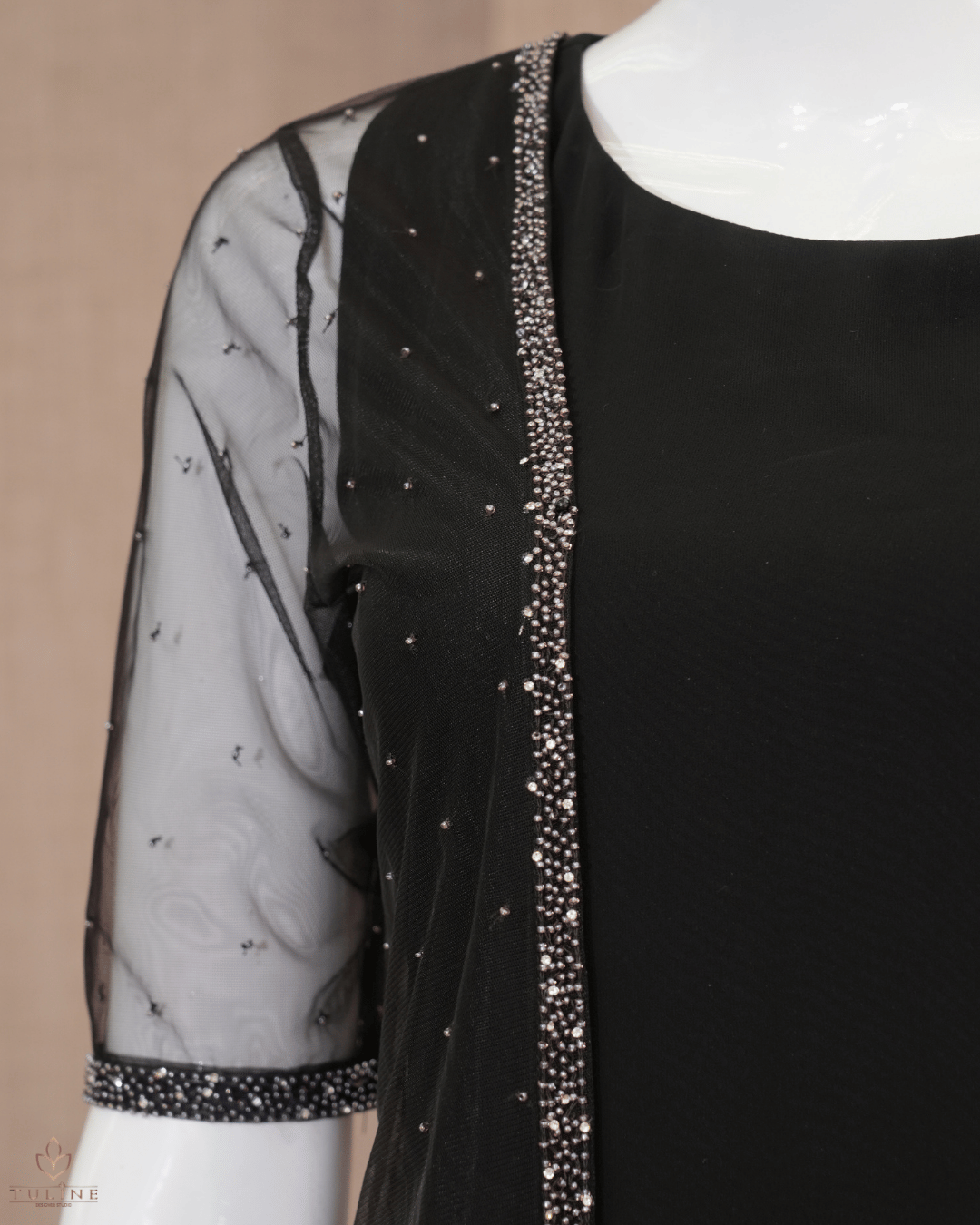 Elegant Black A-Line Gown with Hand-Worked Shrug - Product Code 10341