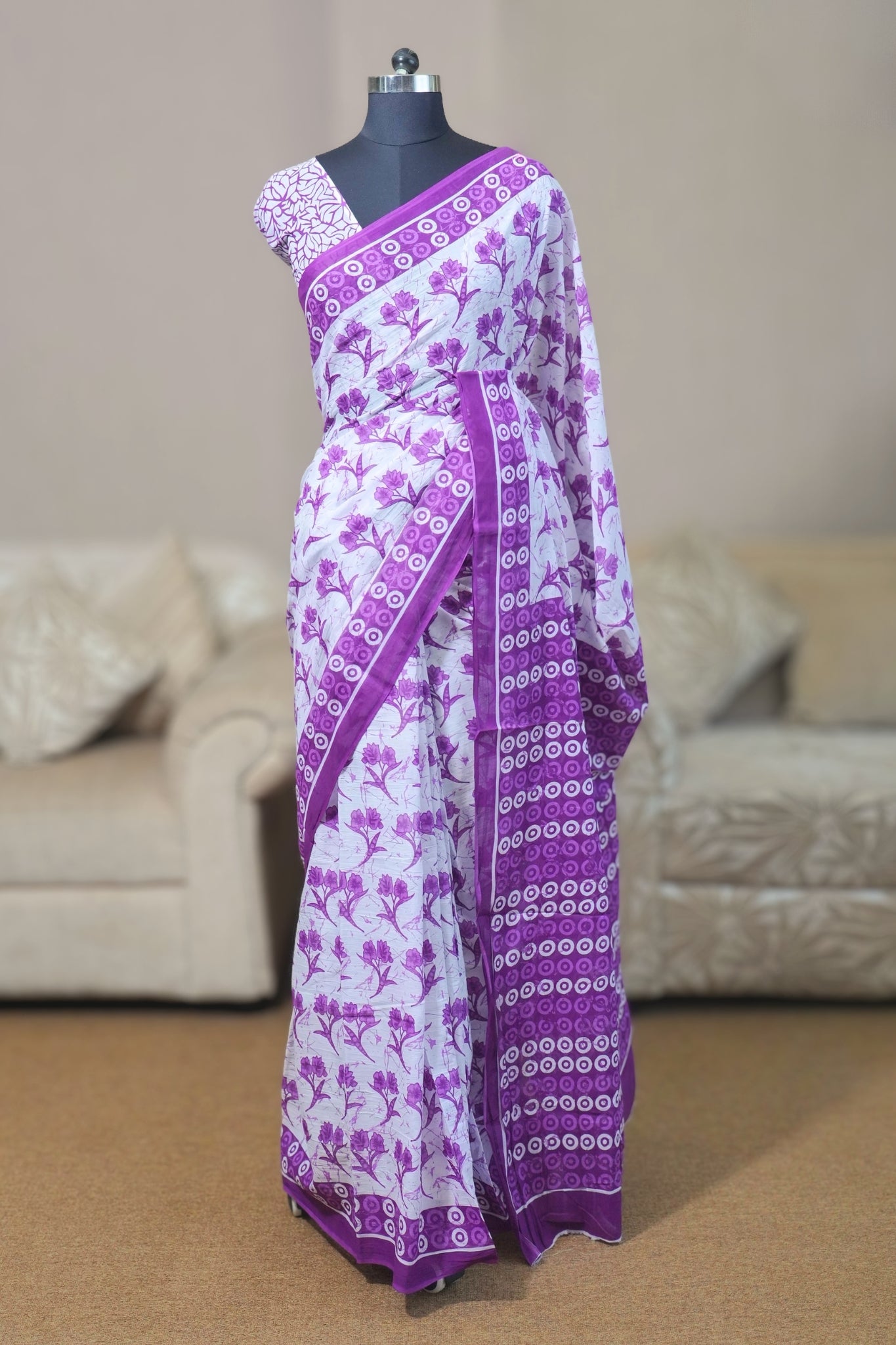 White & Purple Mal Cotton Saree