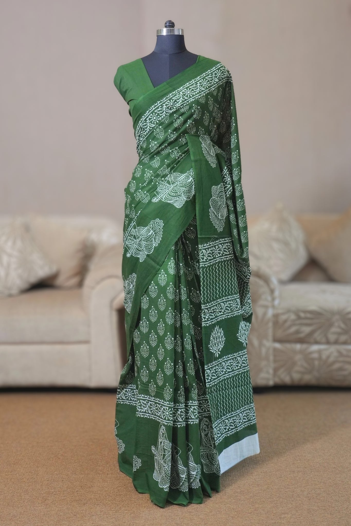 Parrot Green Mal Cotton Saree