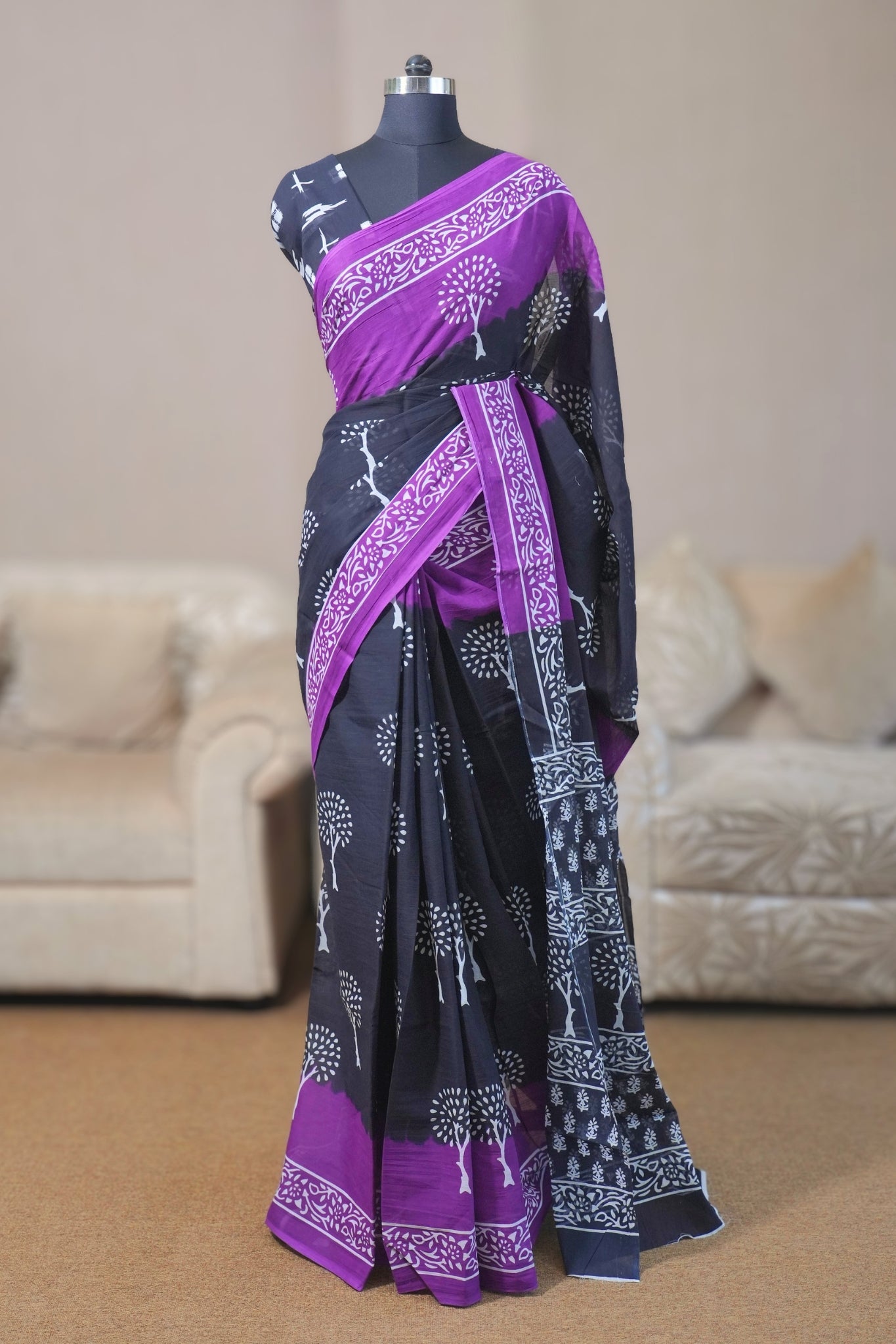 Purple & Black Mal Cotton Saree