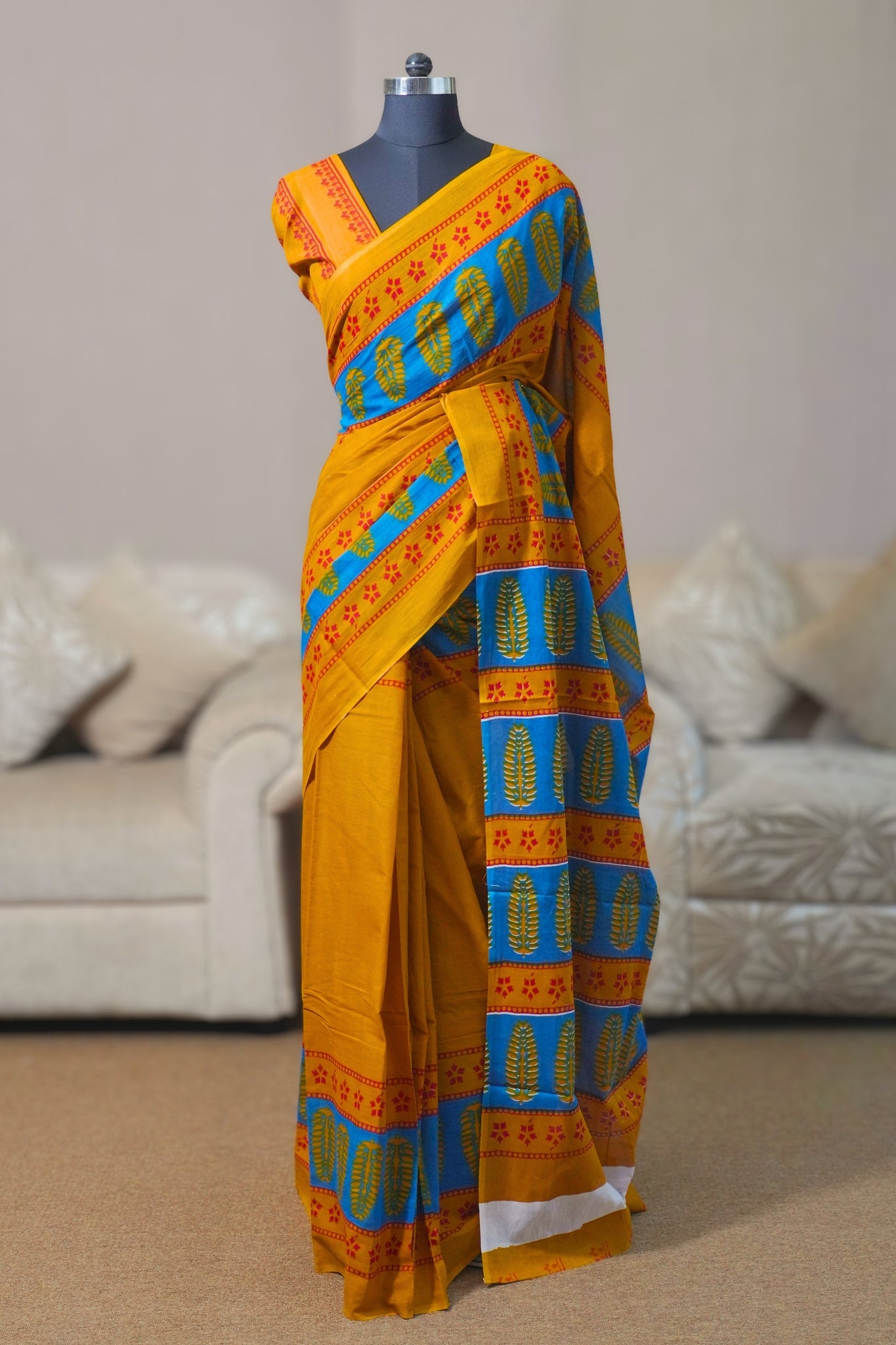 Mustard Yellow & Blue Mal Cotton Saree