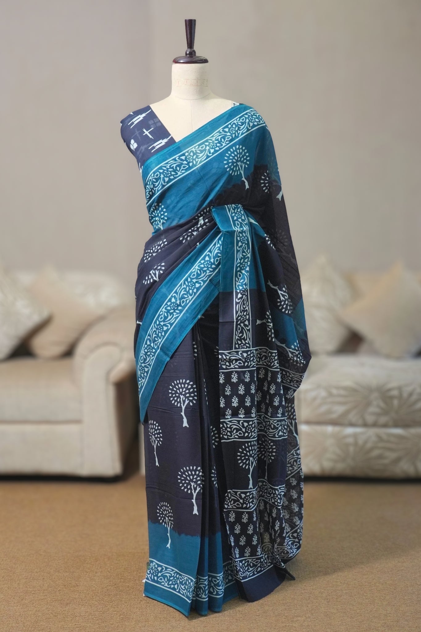 Black & Peacock Blue Mal Cotton Saree