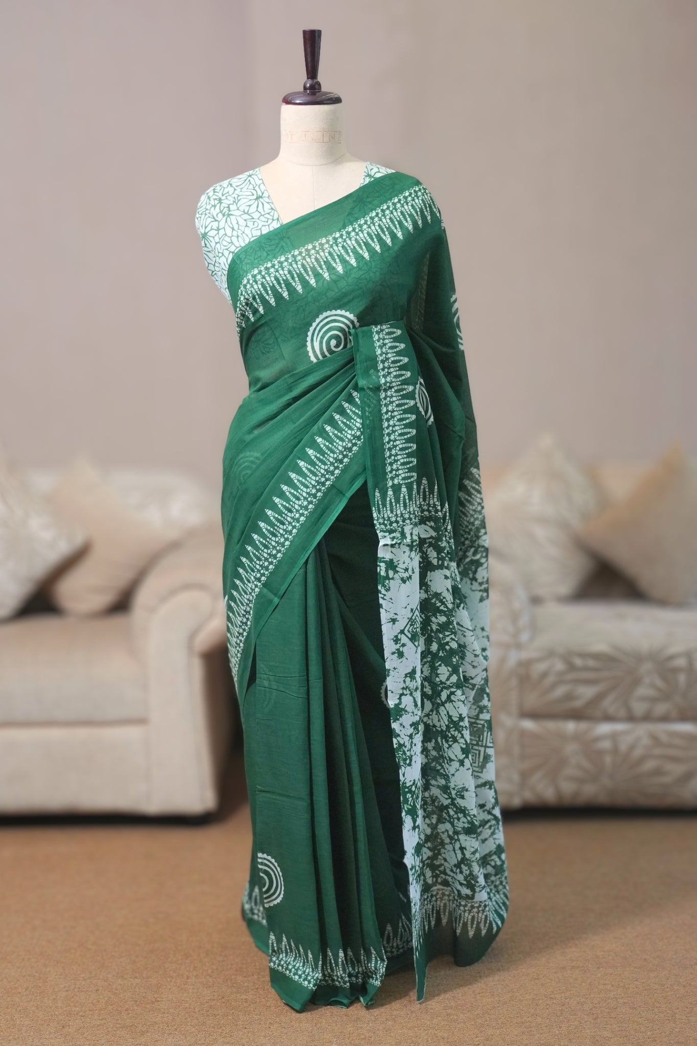 Dark Green & White Mal Cotton Saree