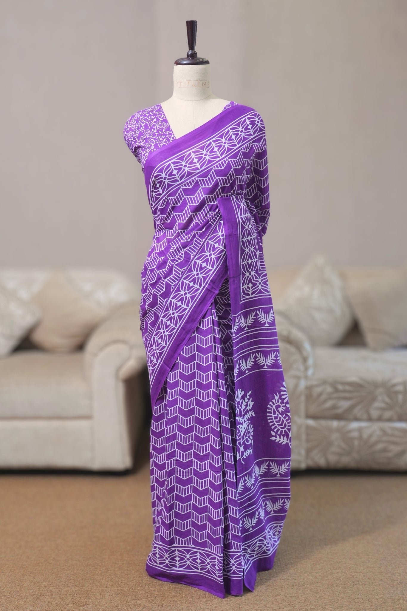 Purple & White Mal Cotton Saree