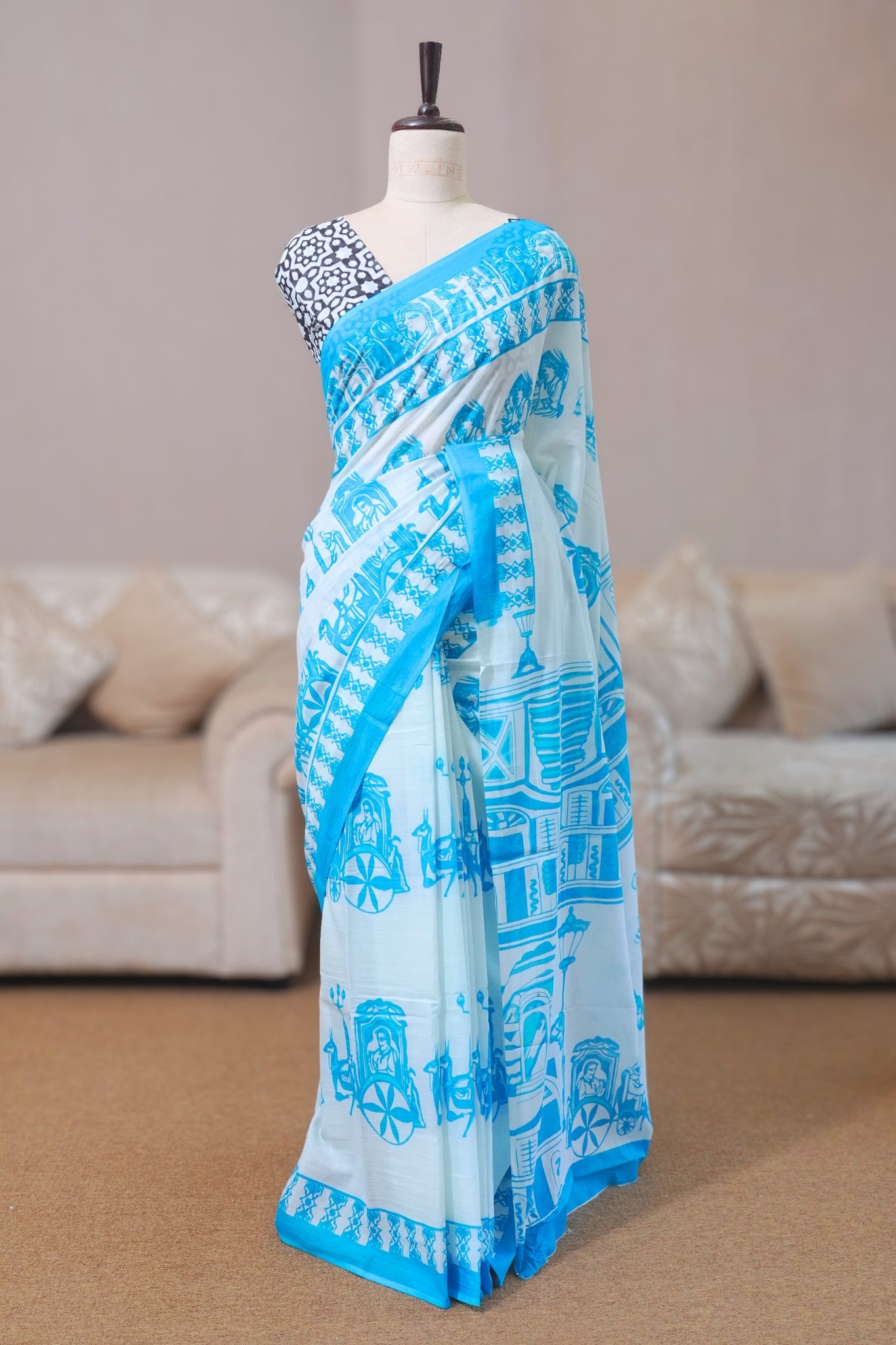 Sky Blue & White Mal Cotton Saree