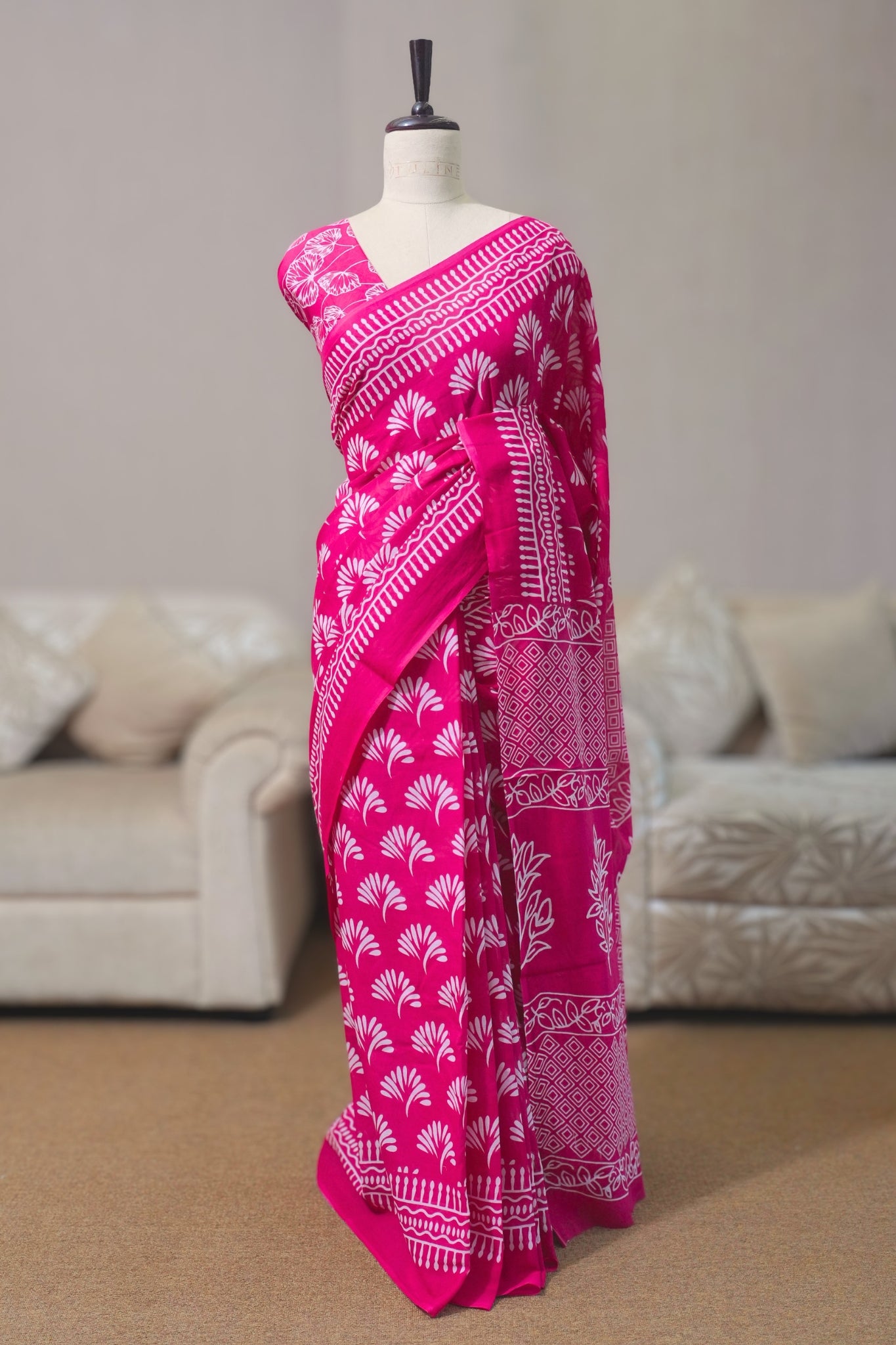 Pink & White Mal Cotton Saree
