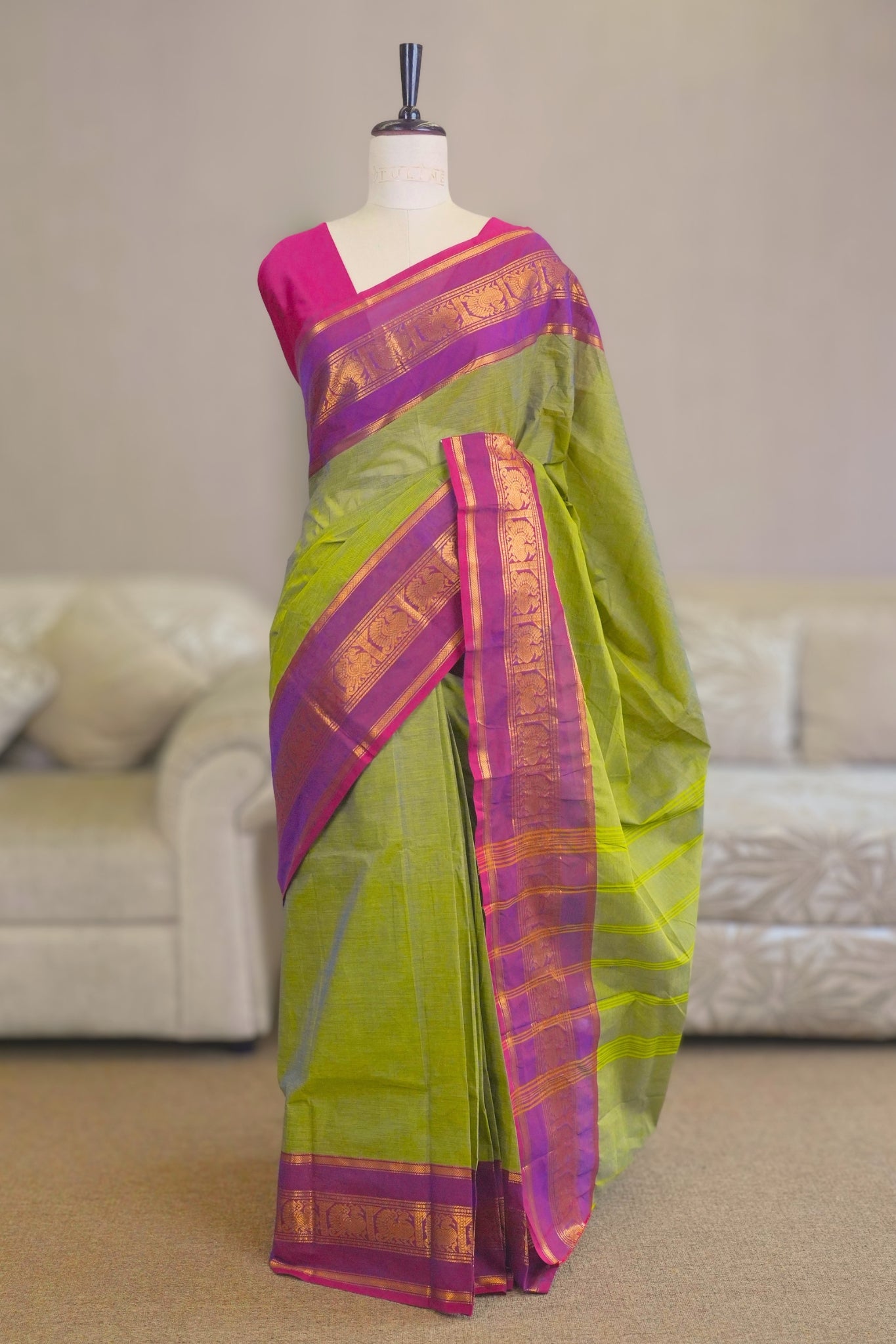 Olive Green & Deep Pink Chettinadu Cotton Saree