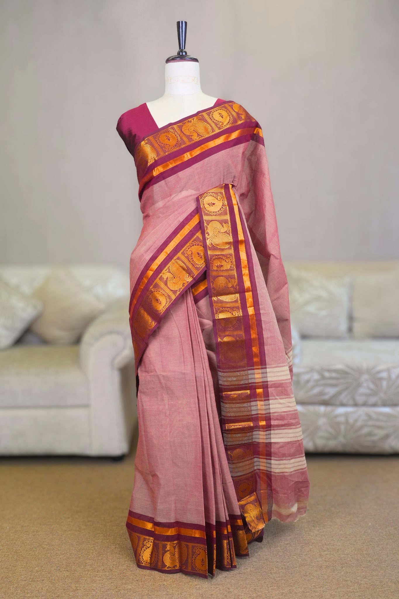 Peach & Maroon Chettinadu Cotton Saree