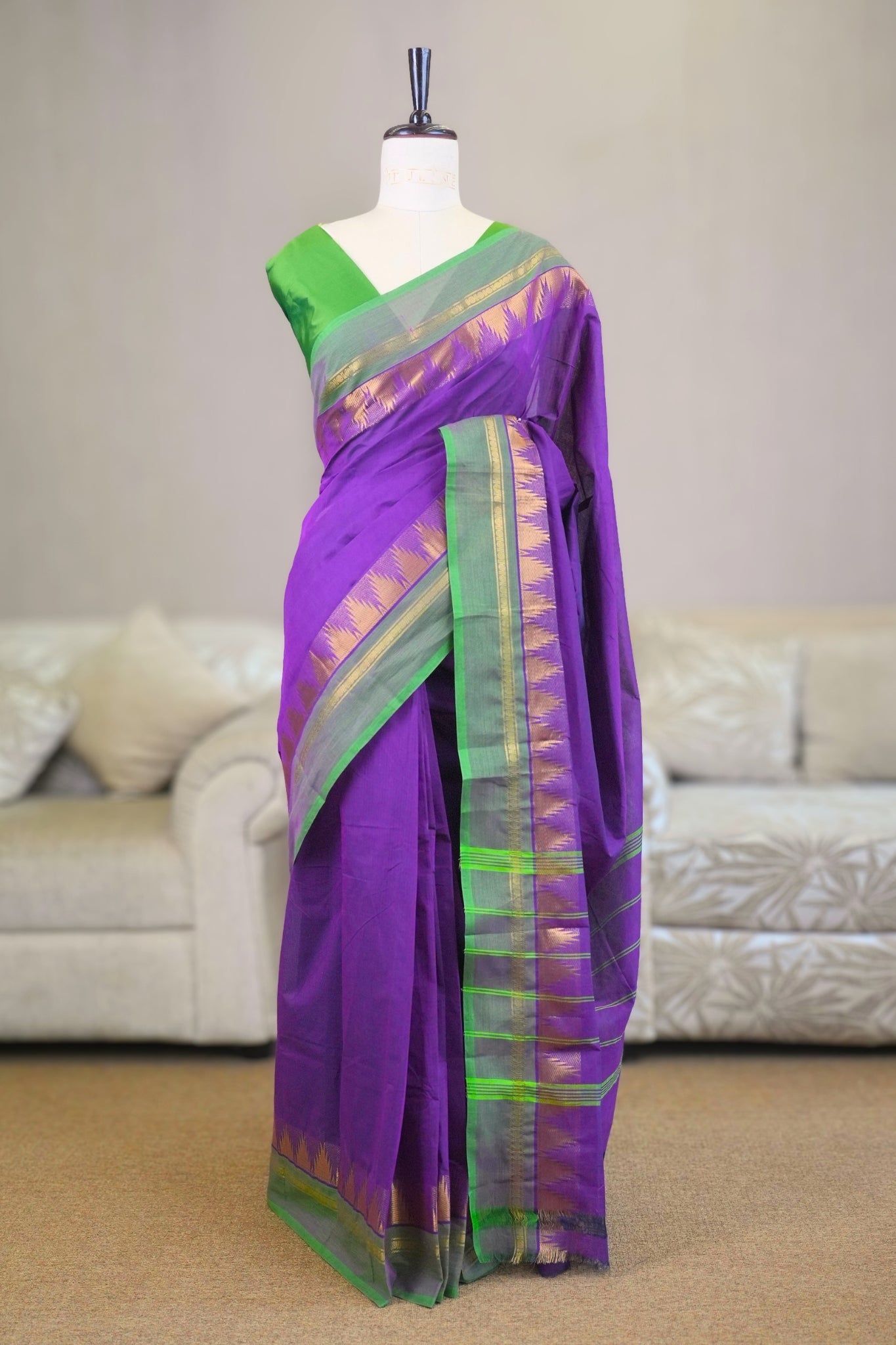 Purple & Parrot Green Chettinadu Cotton Saree