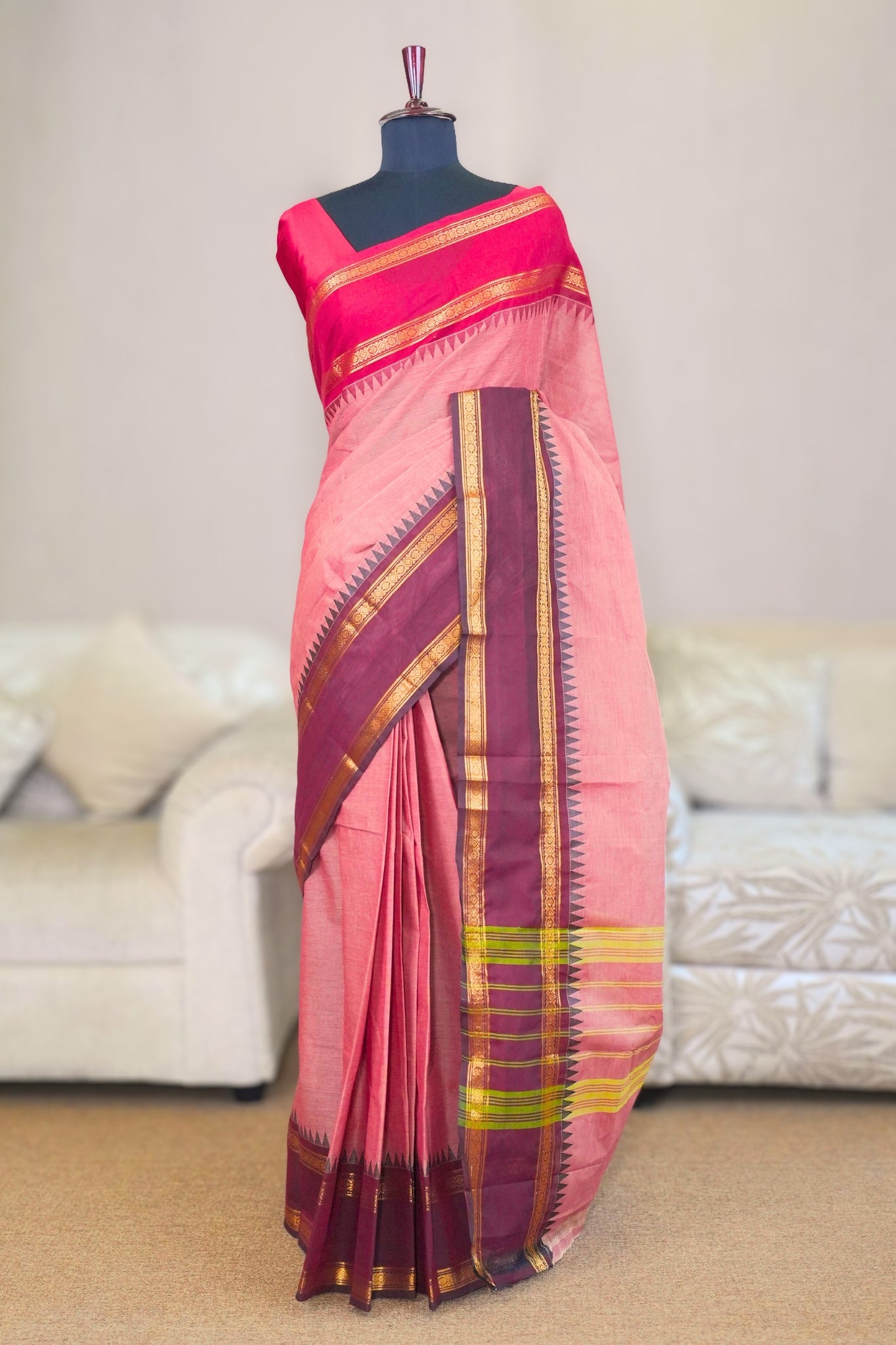 Peach & Maroon Chettinadu Cotton Saree