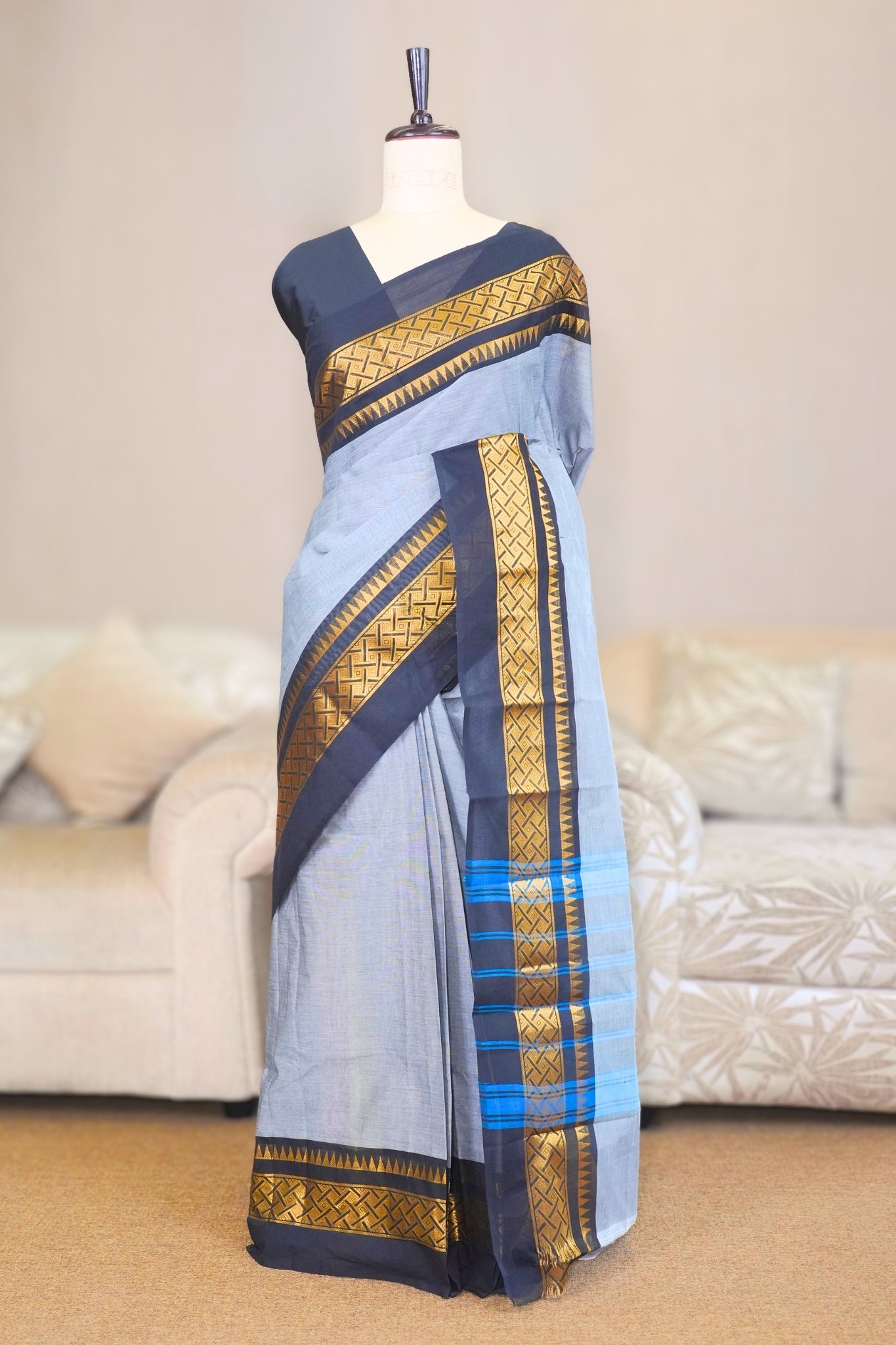Grey & Black Chettinadu Cotton Saree