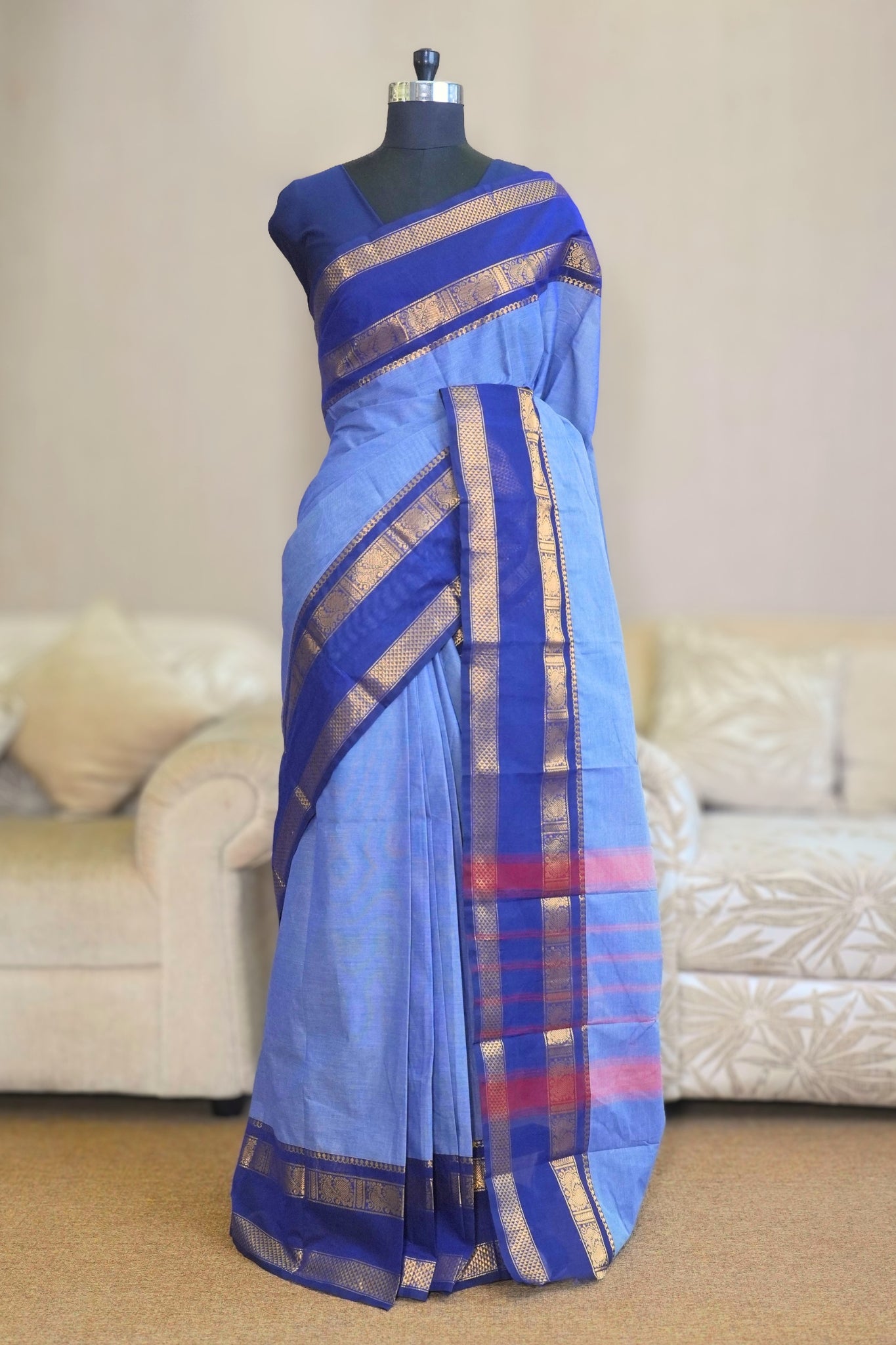 Ash Blue & Navy Chettinadu Cotton Saree