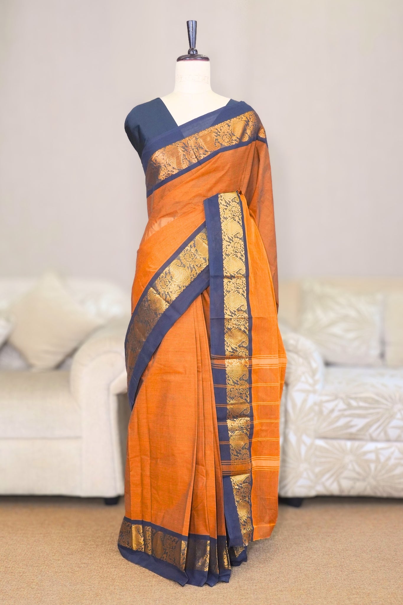 Copper Brown & Black Chettinadu Cotton Saree
