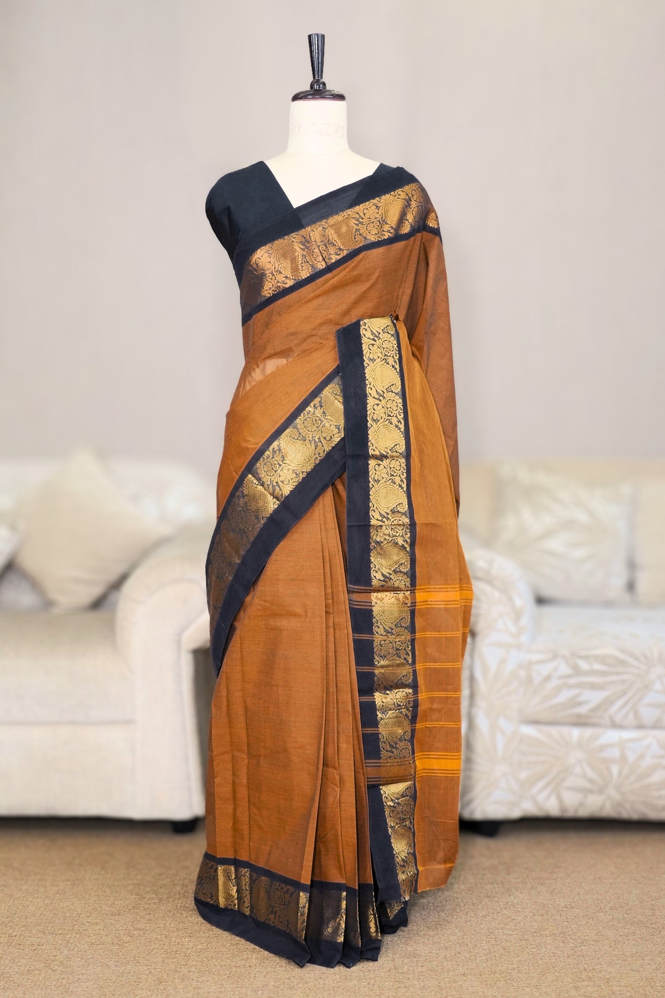Copper Brown & Black Chettinadu Cotton Saree