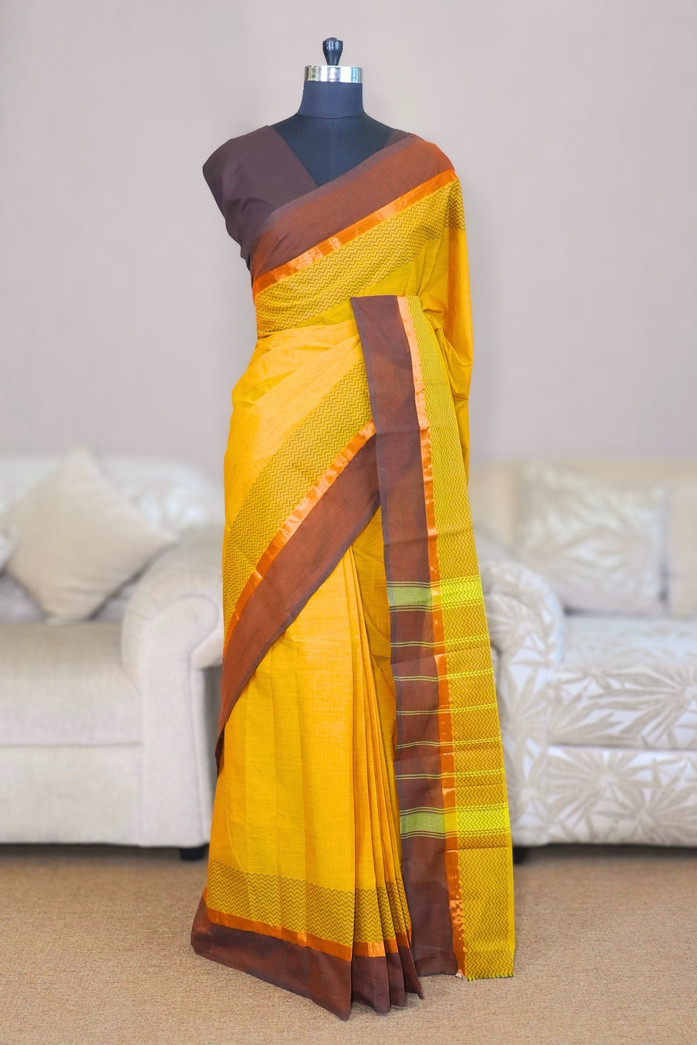 Yellow & Copper Brown Chettinadu Cotton Saree