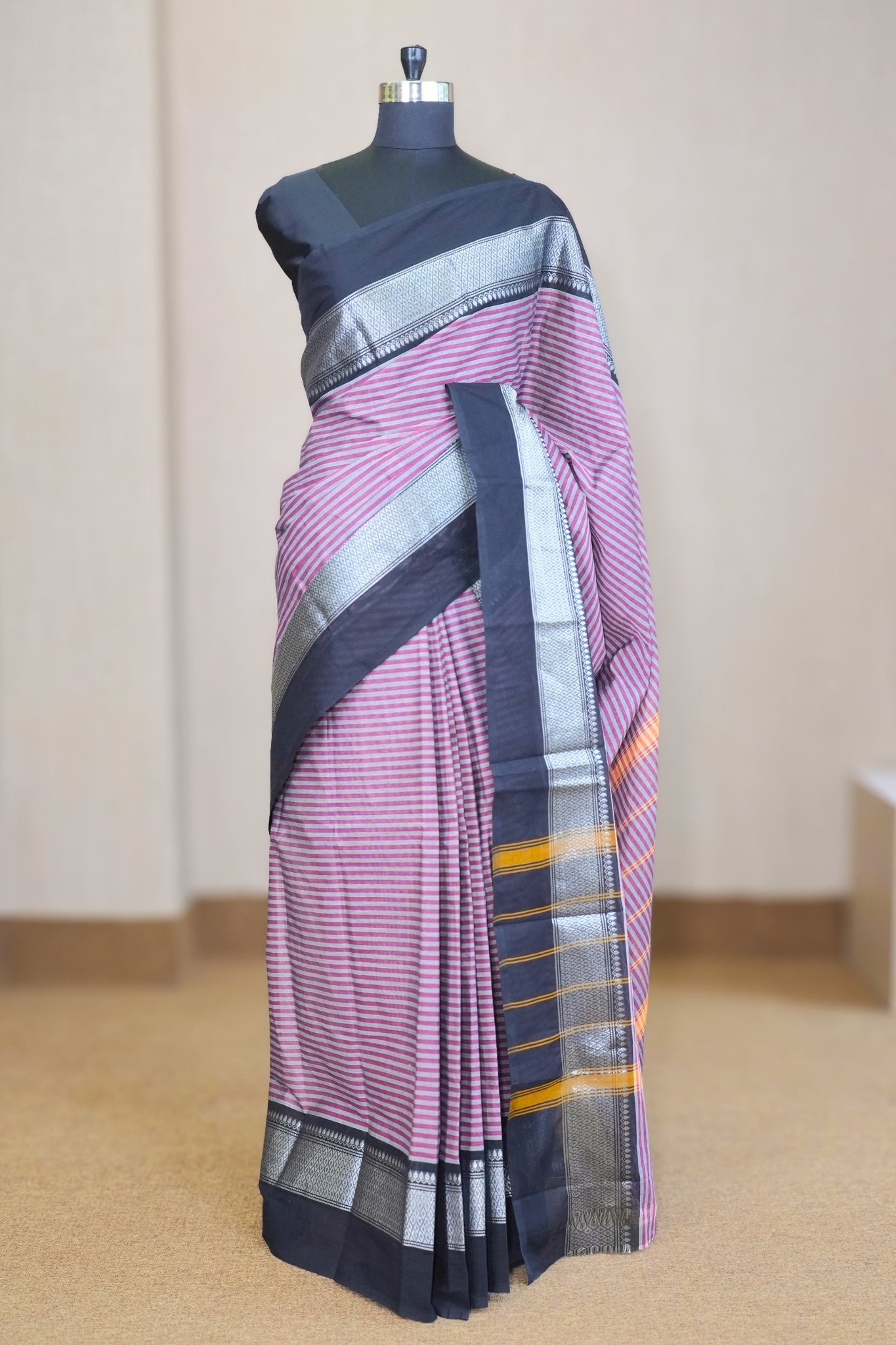 Pink & Black Chettinadu Cotton Saree