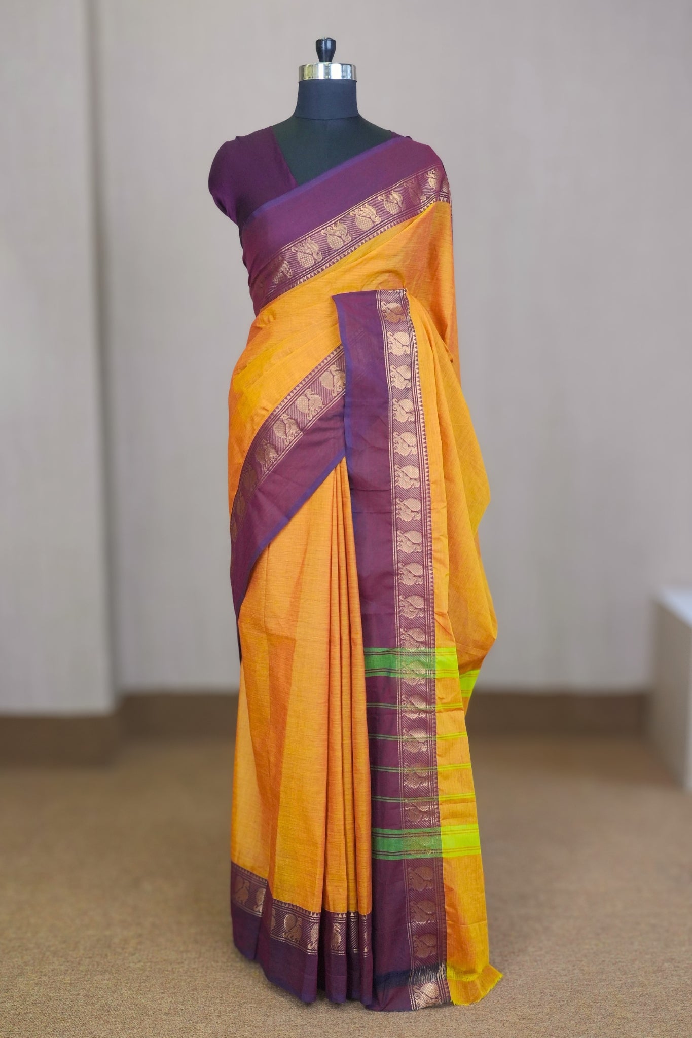 Yellow & Reddish Purple Chettinadu Cotton Saree
