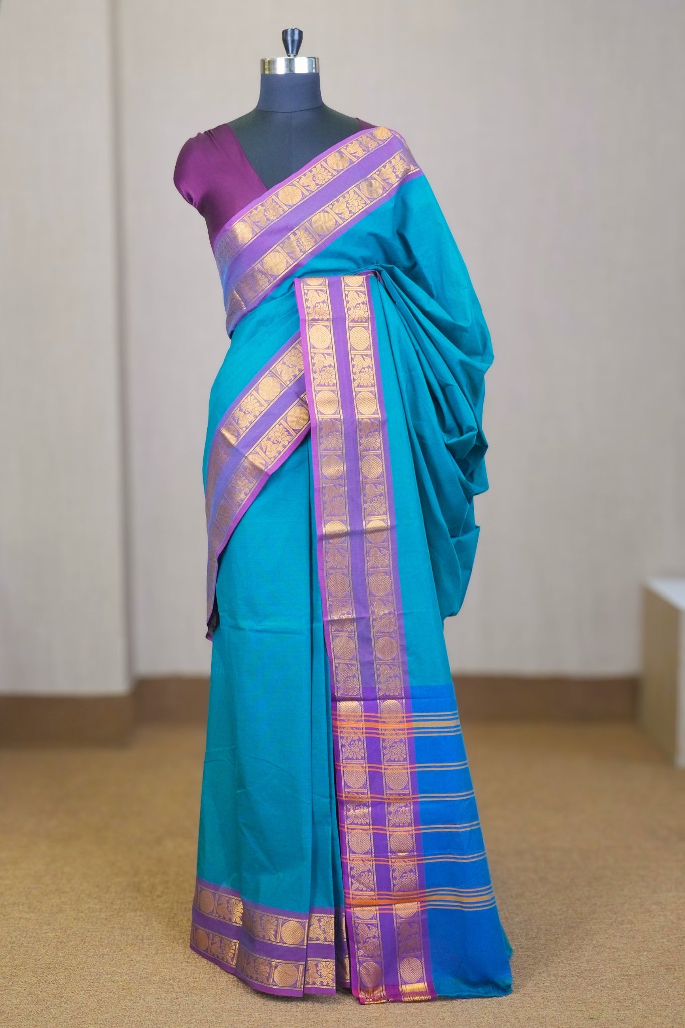 Peacock Blue & Purple Chettinadu Cotton Saree