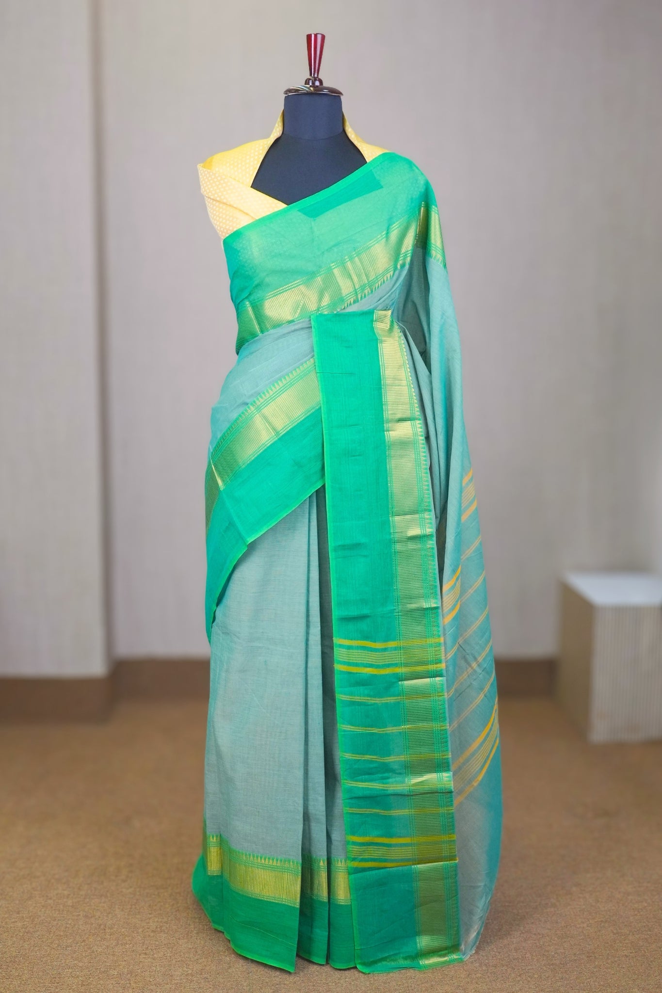 Granite & Parrot Green Chettinadu Cotton Saree