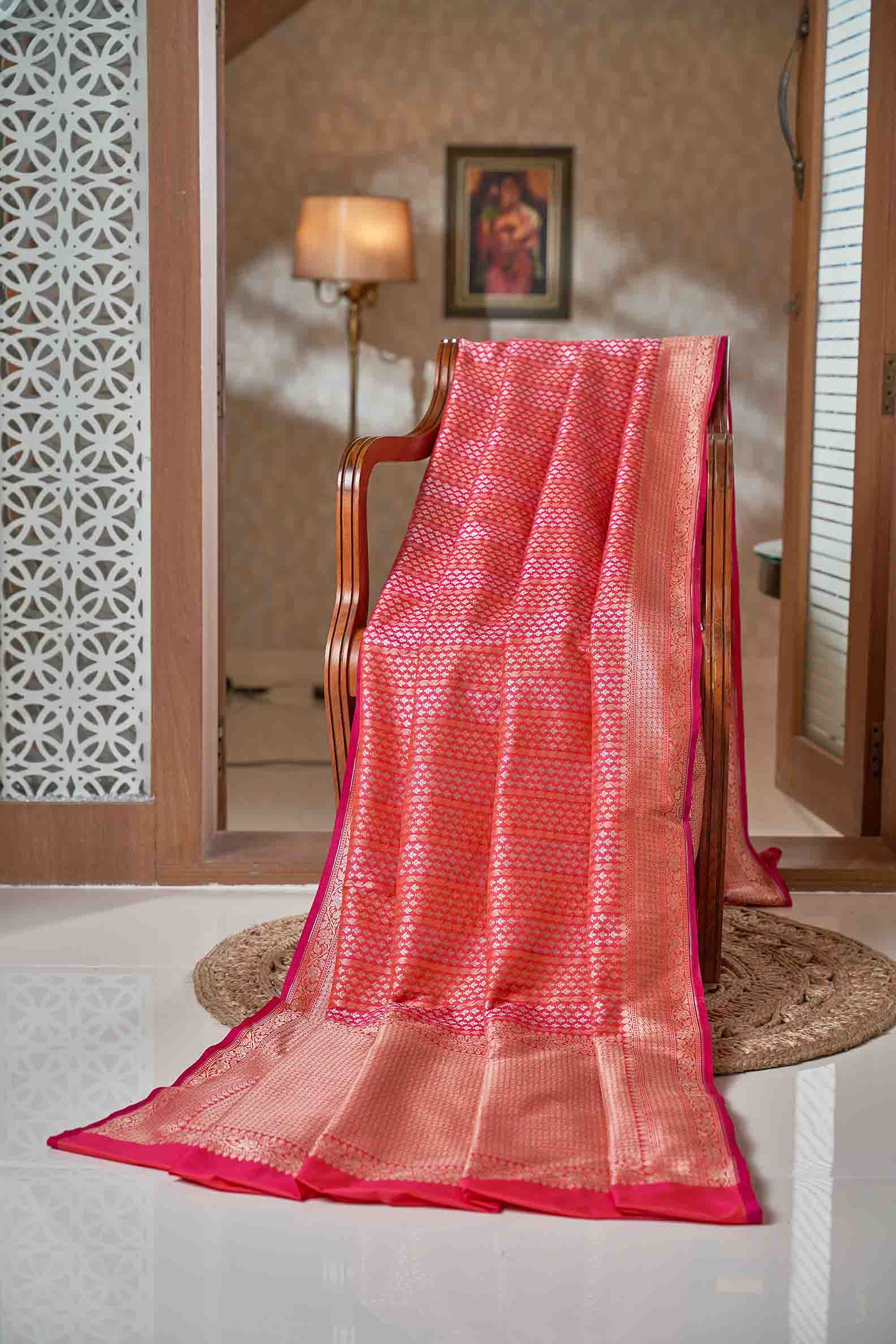 Fiery Red Orange Banarasi Silk Saree